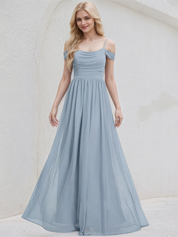 Dusty Blue Chiffon A Line Spaghetti Straps Sleeveless Floor Length Bridesmaid Dress