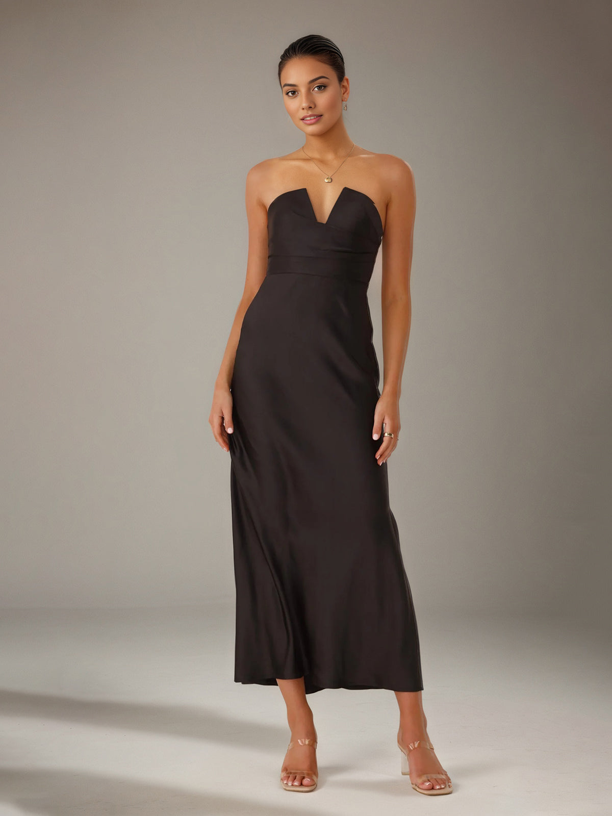 Black Satin Sheath/Column V Neck Ankle Length Bridesmaid Dresses