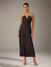 Black Satin Sheath/Column V Neck Ankle Length Bridesmaid Dresses
