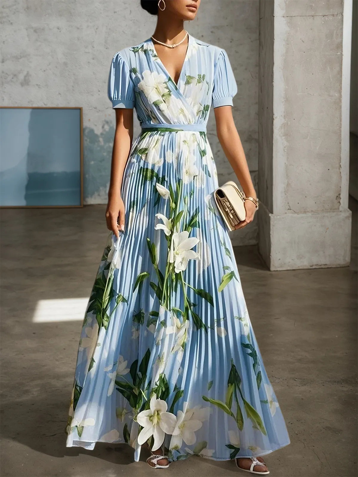 Light Blue Pleated Floral Chiffon V Neck Short Sleeve Balloon Sleeve A-Line Maxi Dress