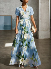 Light Blue Pleated Floral Chiffon V Neck Short Sleeve Balloon Sleeve A-Line Maxi Dress