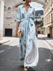 Light Blue Floral Paisley Cotton Shirt Dress Shirt Collar Long Sleeve A-Line Maxi Dress