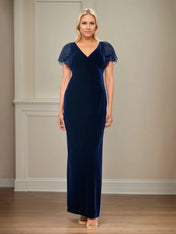 Sheath/Column Velvet V Neck Short Sleeve Floor Length Dress With Ruffles