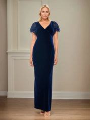 Sheath/Column Velvet V Neck Short Sleeve Floor Length Dress With Ruffles
