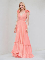 Coral Chiffon A Line V Neck Sleeveless Ruched Asymmetrical Bridesmaid Dress With Ruffle Sleeve