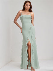 Agave Chiffon A Line Spaghetti Straps Sleeveless Floor Length Bridesmaid Dress With Ruffle