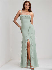 Agave Chiffon A Line Spaghetti Straps Sleeveless Floor Length Bridesmaid Dress With Ruffle