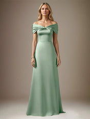 Mist Blue A Line Satin Off The Shoulder Sleeveless Floor Length Dress
