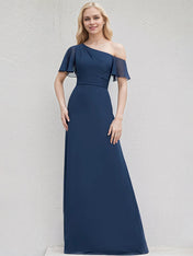 Navy Blue Chiffon A Line One Shoulder Short Sleeves Floor Length Bridesmaid Dress