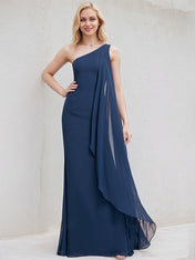 Navy Blue Chiffon A Line One Shoulder Floor Length Bridesmaid Dress