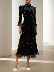 Black Beaded Ruffled Mock Neck Three Quarter Sleeve A-Line Maxi Velvet Dress