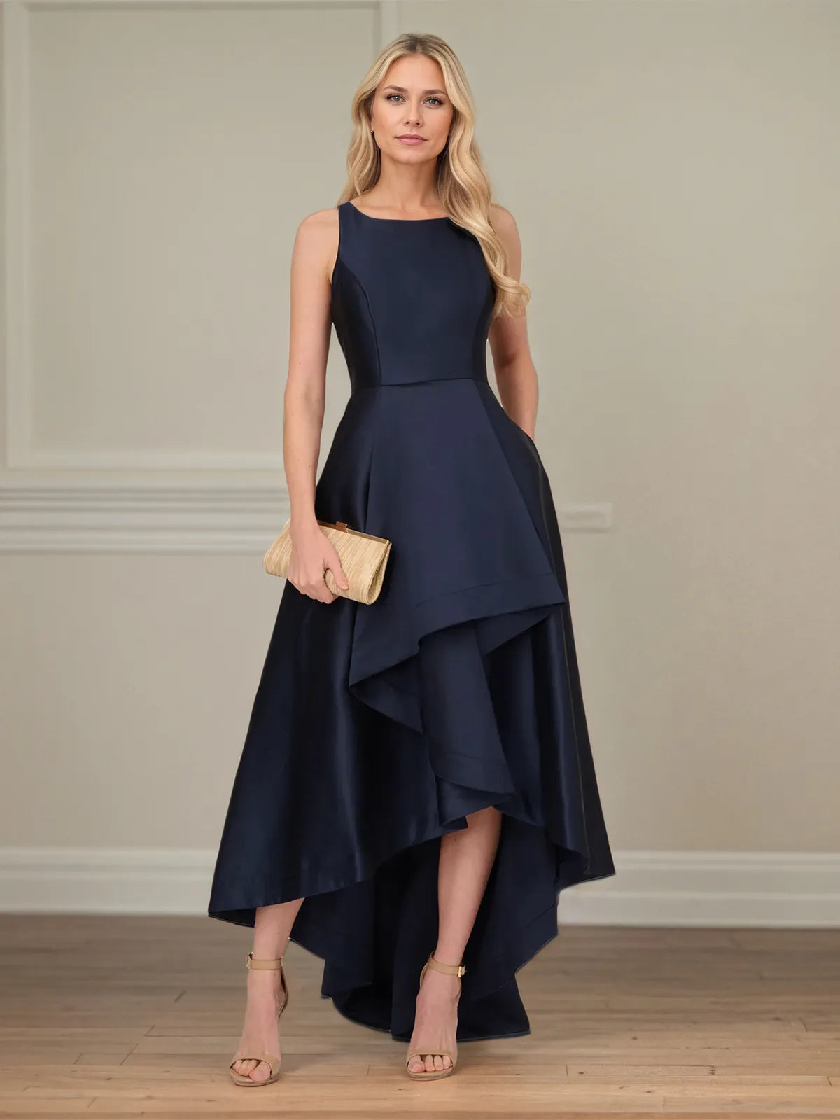 A Line Scoop Neck Sleeveless Asymmetrical Satin Mother of the Bride Dress