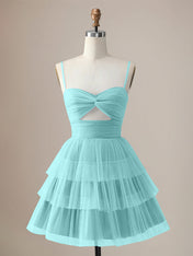 A Line Spaghetti Straps Short Tiered Homecoming Dress with Hollow Out