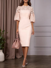 Pink Lace Classic Crew Neck Short Sleeve Balloon Sleeve Sheath Midi Dress