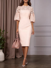 Pink Lace Classic Crew Neck Short Sleeve Balloon Sleeve Sheath Midi Dress