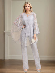 Chiffon V Neck Sleeveless Floor Length Mother of the Bride Pantsuits With Appliques