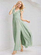 Sage Chiffon A Line V Neck Sleeveless Floor Length Pleated Bridesmaid Dresses