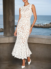 White Lace Crew Neck Sleeveless Mermaid Maxi Dress