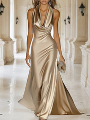 Elegant and Luxurious Cowl-neck Champagne Gold Satin Maxi Dress