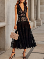 Black Lace V Neck Sleeveless A-Line Midi Dress