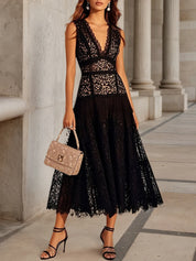Black Lace V Neck Sleeveless A-Line Midi Dress