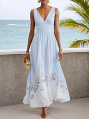 Light Blue Floral V Neck Sleeveless A-Line Maxi Dress