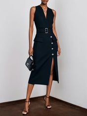 Black Buckle Slit Classic V Neck Sleeveless Sheath Midi Dress