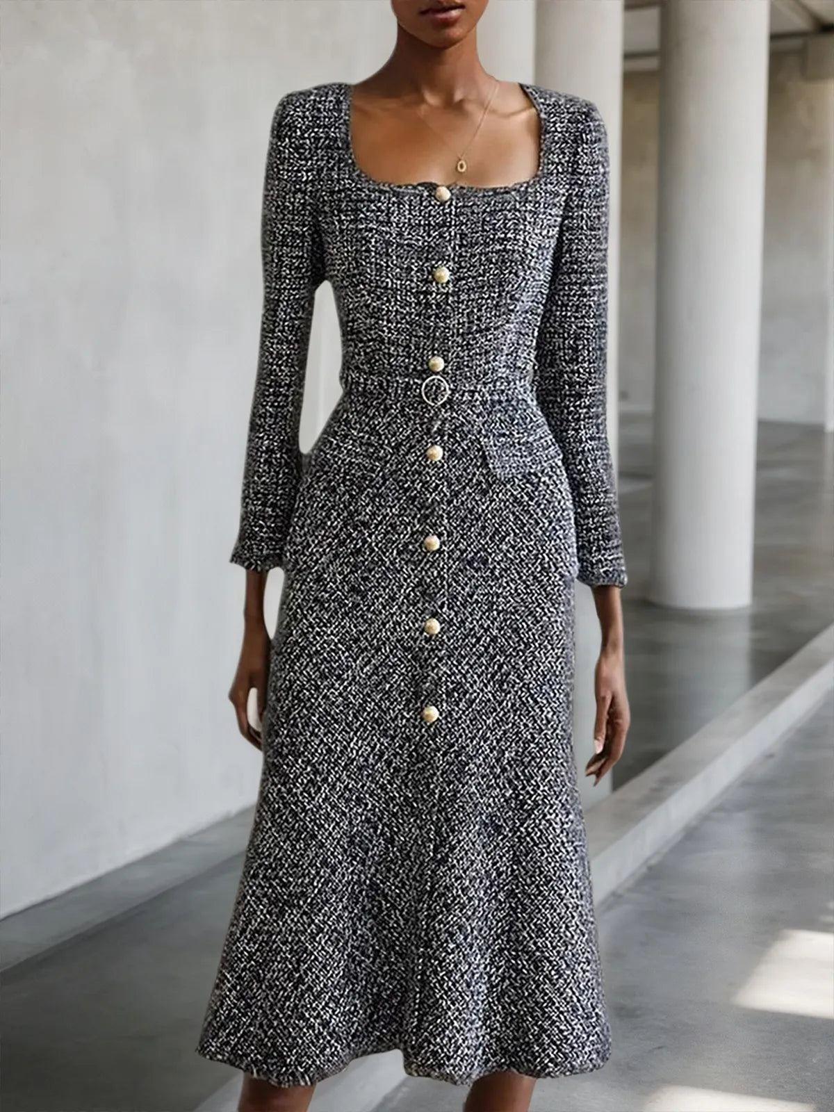 Black Buckle Square Neck Long Sleeve A-Line Midi Tweed Blazer Dress