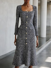 Black Buckle Square Neck Long Sleeve A-Line Midi Tweed Blazer Dress