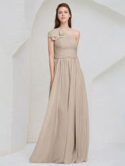 Taupe Chiffon A Line One Shoulder Sleeveless Floor Length Bridesmaid Dress