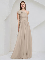 Taupe Chiffon A Line One Shoulder Sleeveless Floor Length Bridesmaid Dress