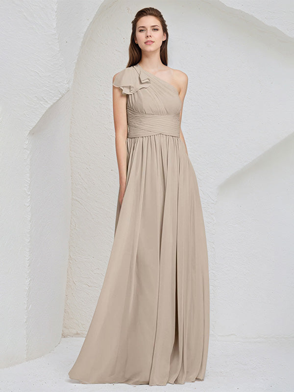 Taupe Chiffon A Line One Shoulder Sleeveless Floor Length Bridesmaid Dress
