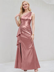Desert Rose Satin A Line One Shoulder Floor Length Bridesmaid Dress With Ruffle