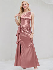 Desert Rose Satin A Line One Shoulder Floor Length Bridesmaid Dress With Ruffle