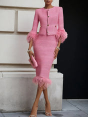 Women Tweed Rose Red Feather-trimmed Buckle Crew Neck Three Quarter Sleeve Dressy Coat With Skirt Two-Piece Set