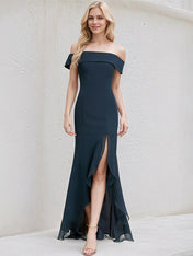 Dark Navy Chiffon Trumpet/Mermaid Off the Shoulder Asymmetrical Chiffon Bridesmaid Dress