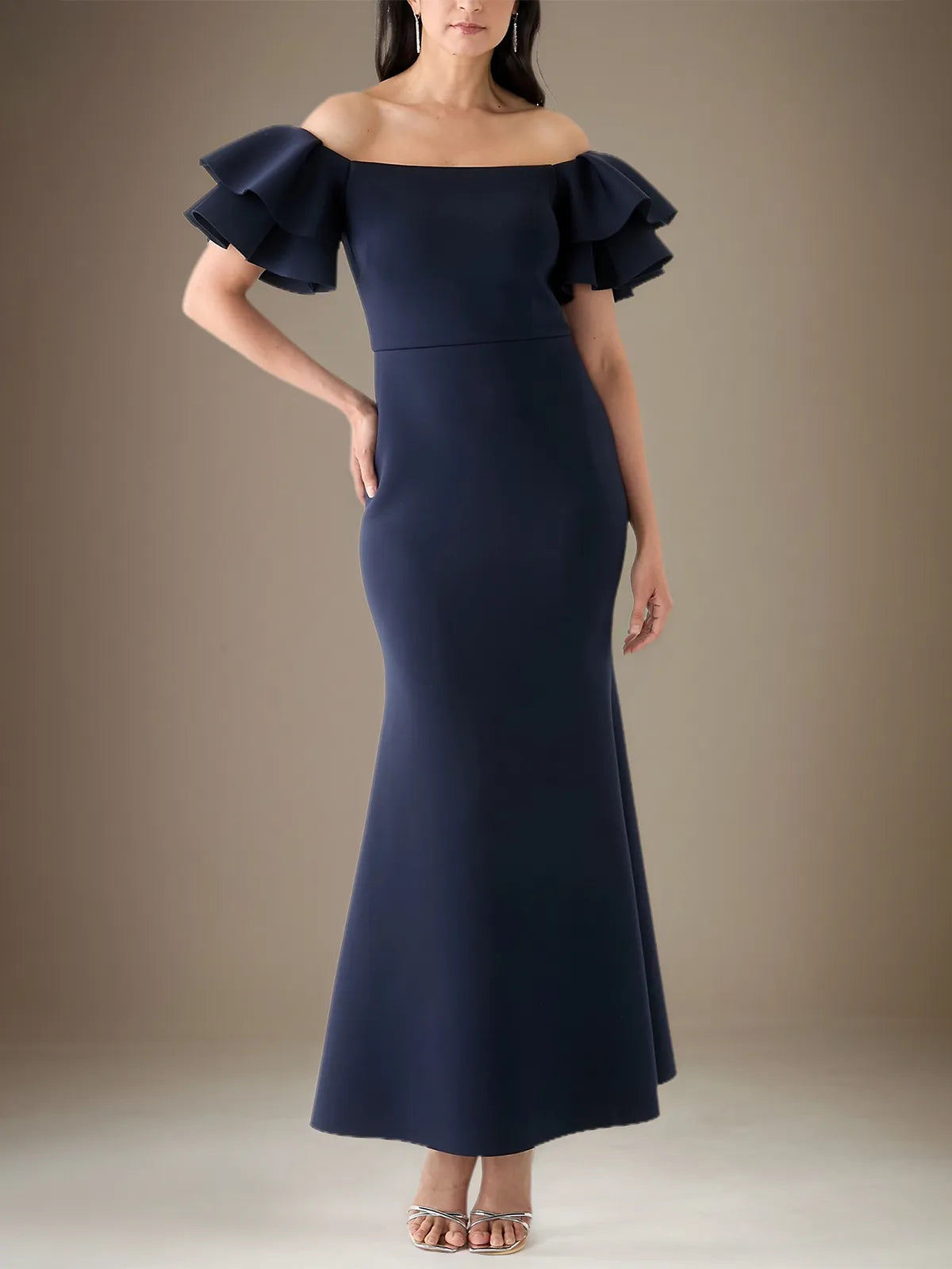 Trumpet/Mermaid Stretch Crepe Off The Shoulder Short Sleeves Ankle Length Dress