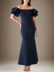 Trumpet/Mermaid Stretch Crepe Off The Shoulder Short Sleeves Ankle Length Dress
