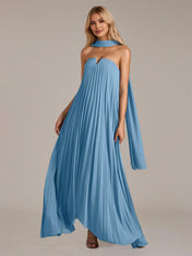 Blue A Line Satin Off The Shoulder Sleeveless Floor Length Dresses