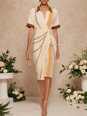 Apricot Wrap Dress Shirt Collar Short Sleeve Sheath Midi Dress