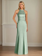 Trumpet/Mermaid Halter Neck Sleeveless Floor-Length Satin Dress With Pleated