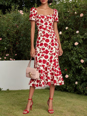 Red Floral Sweetheart Neckline Mermaid Midi Dress