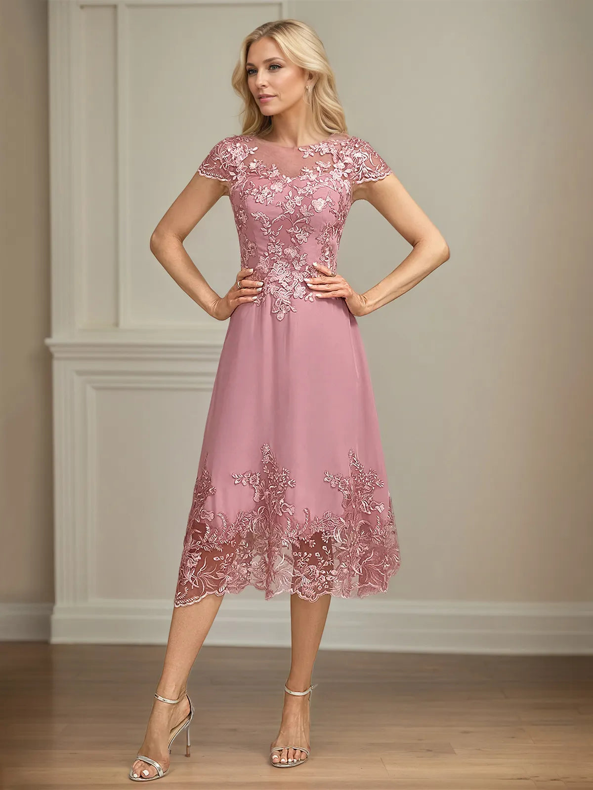 A Line Scoop Neck Chiffon Mother of the Bride Dress with Appliques