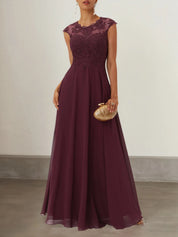 Wine Red Lace Chiffon Crew Neck Cap Sleeve A-Line Maxi Dress