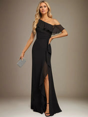 Sheath/Column One Shoulder Floor-Length Chiffon Dress With Cascading Ruffles