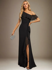 Sheath/Column One Shoulder Floor-Length Chiffon Dress With Cascading Ruffles