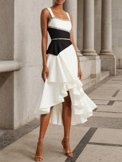 White Sequins Peplum Classic Gallus A-Line Midi Dress