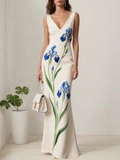 White Floral Classic V Neck Sleeveless A-Line Gown Dress