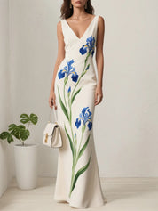 White Floral Classic V Neck Sleeveless A-Line Gown Dress