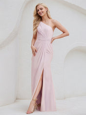 Pink Chiffon A Line One Shoulder Sleeveless Floor Length Bridesmaid Dress